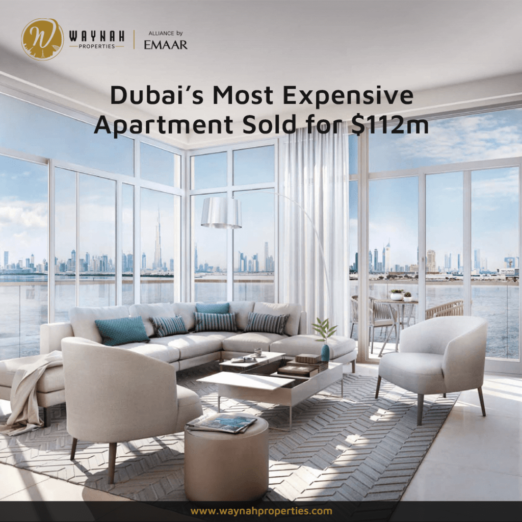 A Dubai apartment was sold for $112 million, breaking the city's property record.According to Dubai real estate analysis firm Property Monitor, the apartment in the Bulgari Lighthouse